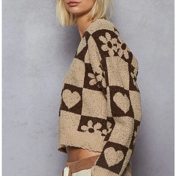 POL Heart and Flower Pattern Sweater - Brown and Cream - Picture 3 of 5